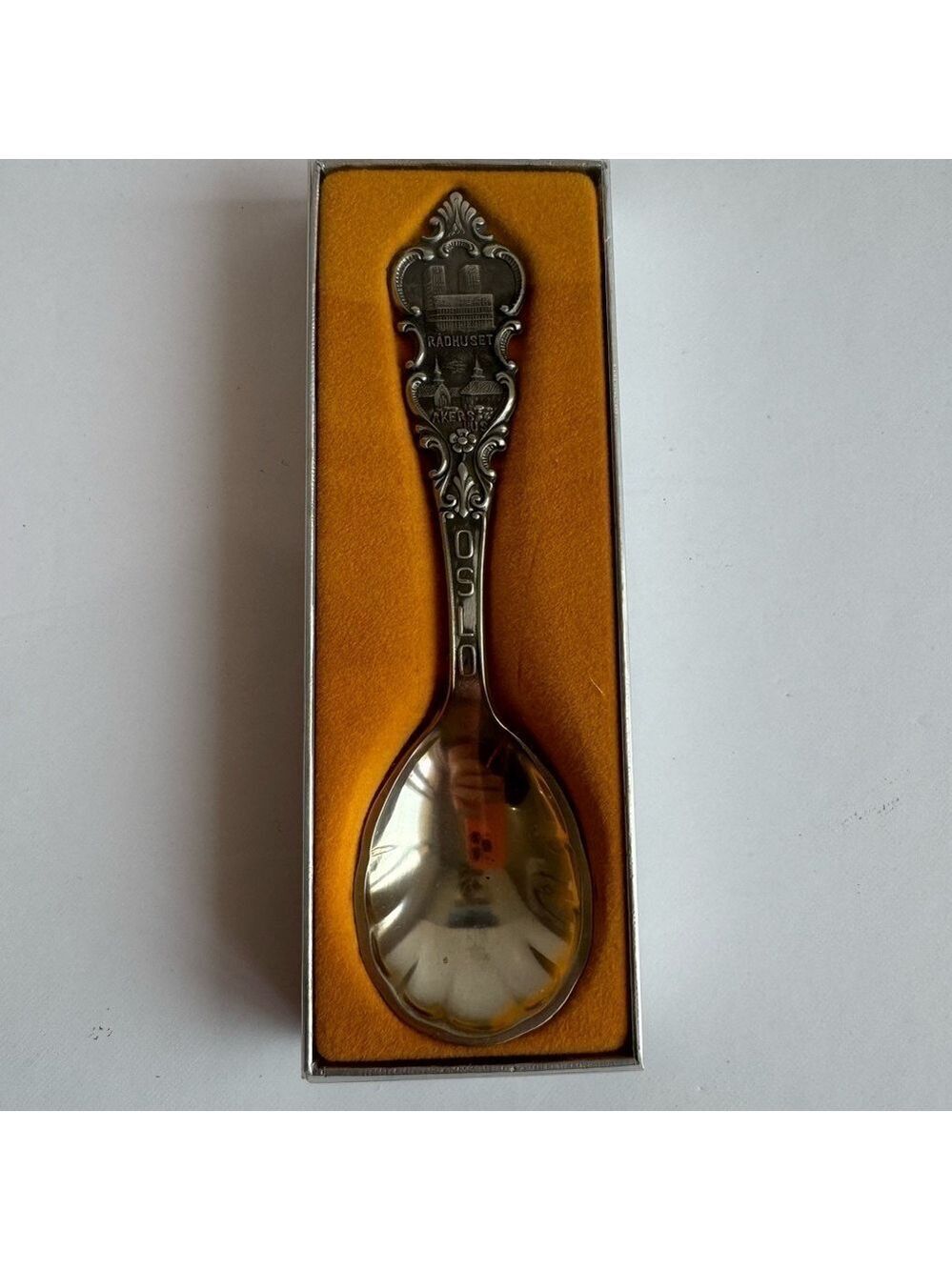 Vintage Oslo Tin Pewter Spoon Collectible 5.6” Radhuset Syltetoyskie Silver Tone
